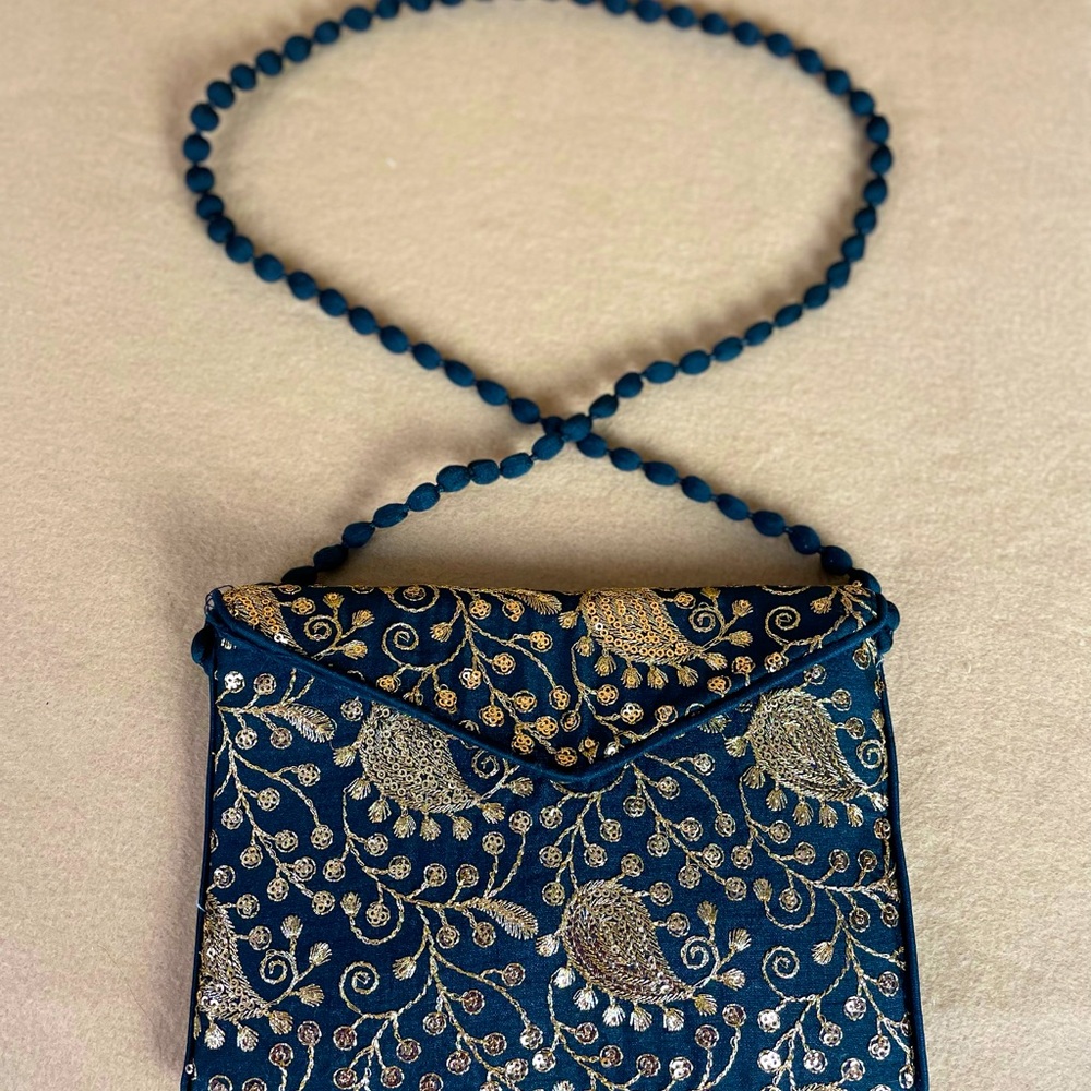 Black/gold embroidered and sequined shoulder bag